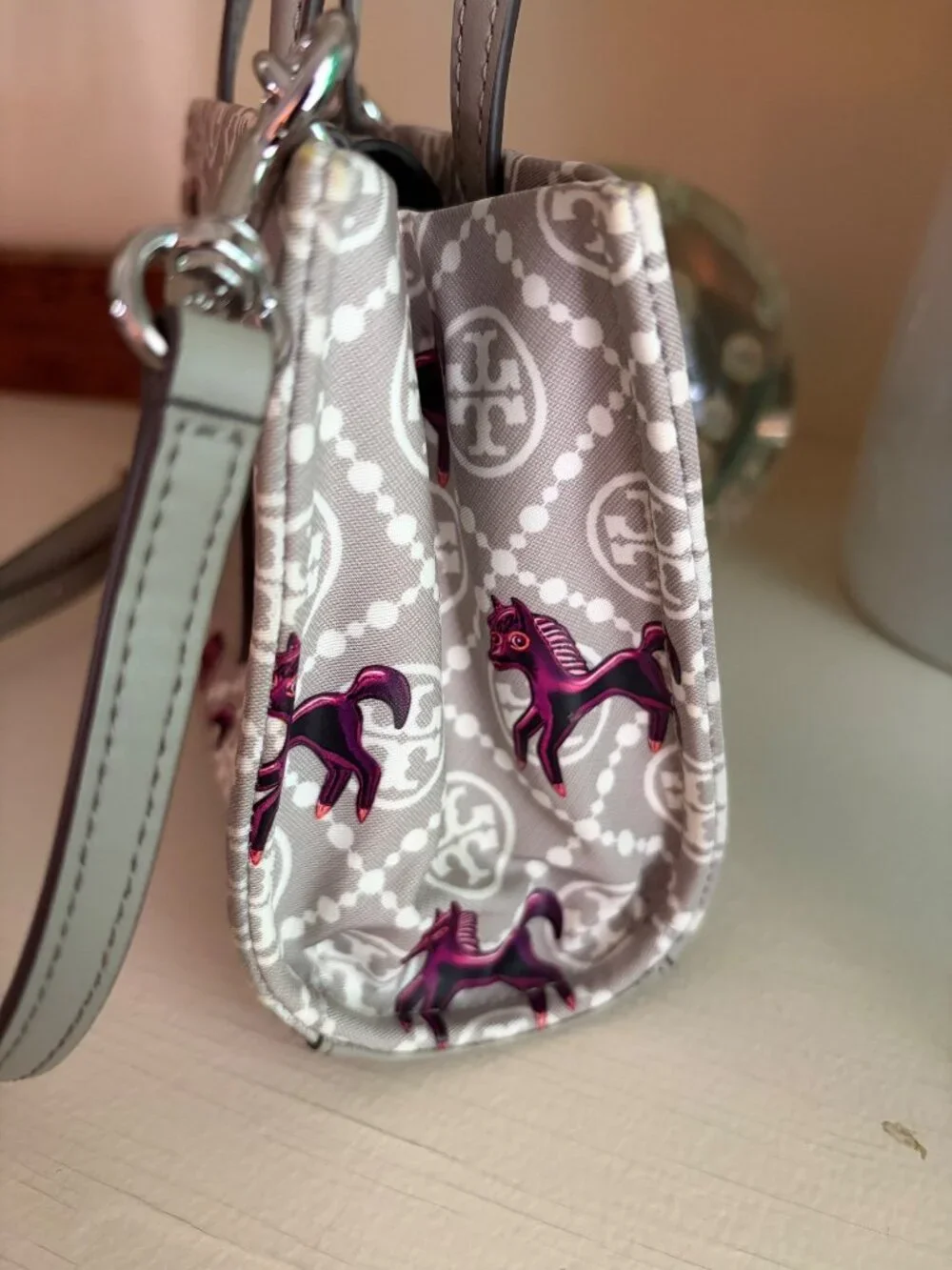 Tory Burch Mini Ella Horse Tote Crossbody Gray & Magenta